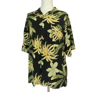 Bermuda Bay silk shirt mens XL extra large black floral Tiki Aloha Hawaiian